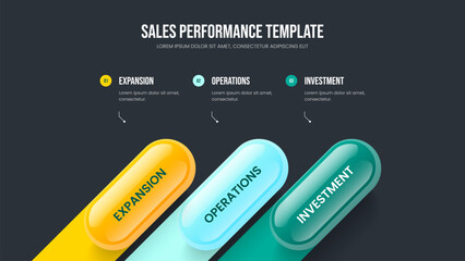 Obraz premium Corporate Overview Three Option Infographic Slide Design. Creative Report 3 Element Diagram Slideshow Layout. Professional Proposal Frame Template Vector Illustration.