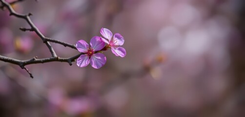 Obraz premium A single vibrant purple blossom hangs delicately from a gnarled tree branch, ecology, tree