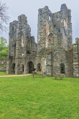 The entrance of the church in the ruins of Villers Abbey, the remains of a Cistercian abbey abandoned in 1796