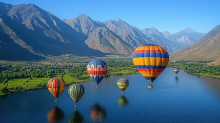 Fototapeta premium Colorful hot air balloons over a serene lake, nestled amidst mountains. Lush valleys and a tranquil vista