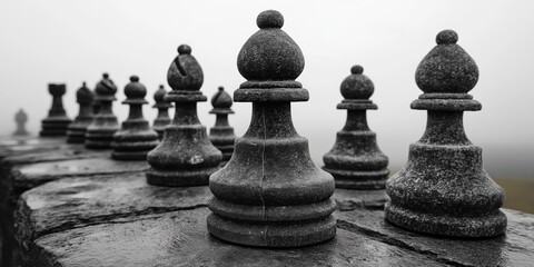 Close-up of weathered stone chess pieces in misty outdoor setting