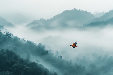 Fototapeta premium Bird soaring over misty green hills, gliding through clouds