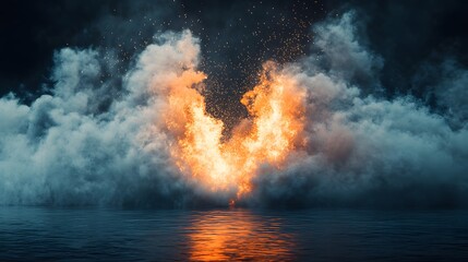 Fototapeta premium Dramatic flames and smoke over water at night.