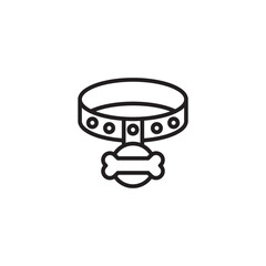 A simple line art icon of a pet collar with circular accents and a bone-shaped tag.