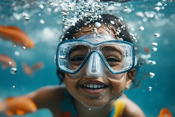 Asian female child smiling underwater with goggles and bubbles