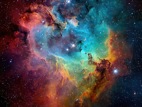 Fototapeta Cosmic nebula in vibrant rainbow shades glowing against deep starry background, showcasing beauty of universe and its colorful gas clouds. mesmerizing sight for astronomy lovers