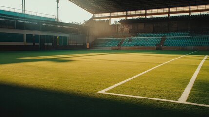 Fototapeta premium Sunlit Soccer Stadium: A Serene Morning at the Field