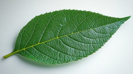 Obraz premium Close-up of a vibrant green leaf, showcasing intricate veins and serrated edges on a plain background