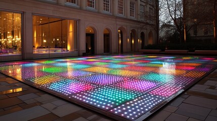 Multicolored LED floor display in a courtyard setting.  Reflective tiles with vibrant lights, creating an artistic outdoor installation