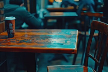 Empty cafe table with a disposable coffee cup.  Blurred figures of customers in the background.  Wooden table and chairs.  Urban cafe setting