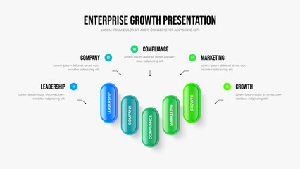 Corporate Profile Five Option Diagram Slide Template. Service Planning 5 Element Infographic Frame Design. Visual Growth Slideshow Layout Vector Illustration.