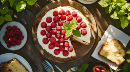 A delicious raspberry cake with white frosting sits atop a wooden table surrounded by fresh leaves. A slice is already missing!