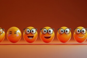 Emoji character faces in 3D, evenly spaced for a promotional banner