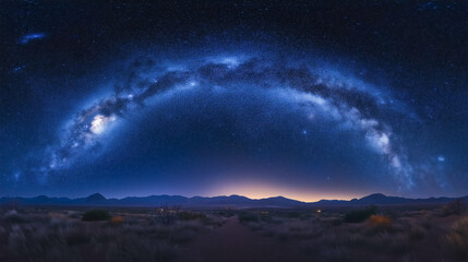 Fototapeta premium A stunning panorama showcasing the Milky Way galaxy stretching across the night sky over a desert landscape.