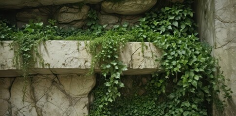 Fototapeta premium Ancient ivory stone, heavily weathered, draped with lush green ivy and moss , weathered, garden, vintage