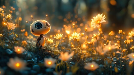 A whimsical illustration of a tiny, sentient robot tending to a miniature garden filled with glowing plants.