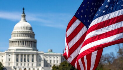 Illustration of Generative AI of the United States flag with the White House as the background. Suitable for presentation background 