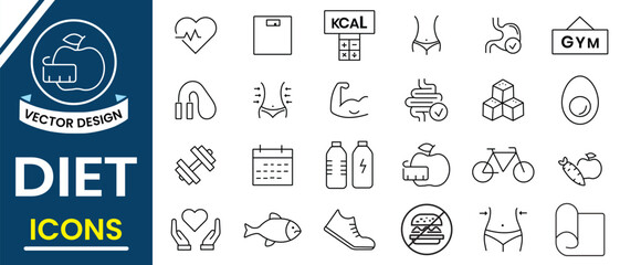 Diet editable icons set design. Diet, Nutrition icons vector set. Line icon of healthy food, milk, cycle, muscle, fish line icon. Vector illustration.