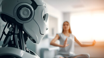 A white robot assisting a woman in yoga against a white hospital wall, Generative Ai