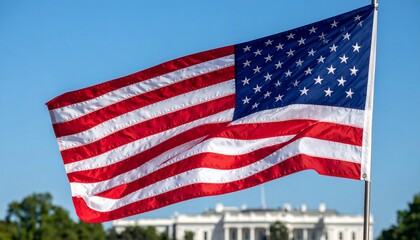 Illustration of Generative AI of the United States flag with the White House as the background. Suitable for presentation background 