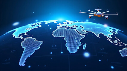 Global Drone Network Futuristic Technology Over Digital World Map