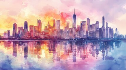 Obraz premium A vibrant watercolor painting of a city skyline at sunset, with colorful reflections on the water.