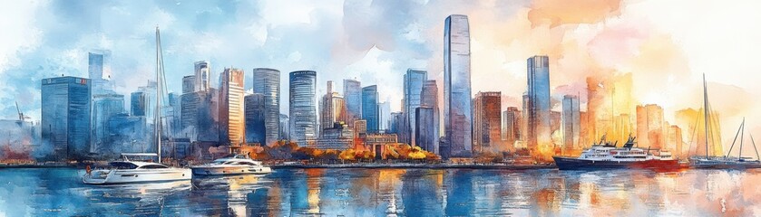 Fototapeta premium A vibrant watercolor city skyline with tall skyscrapers, boats, and reflections on the water under a colorful sky.