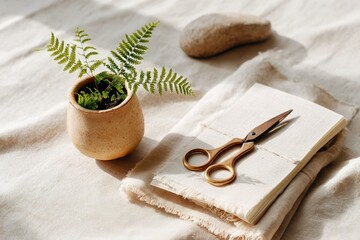 Sunlit fern in clay pot with scissors and fabric on beige linen surface