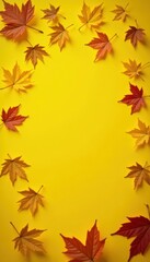 Fototapeta premium Crisp, brown leaves scattered on vibrant yellow backdrop, leaves, autumn