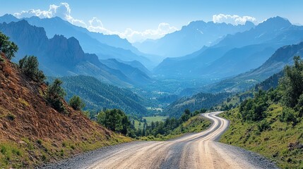 Fototapeta premium A winding mountain road with breathtaking views of valleys and distant peaks under a clear blue sky.
