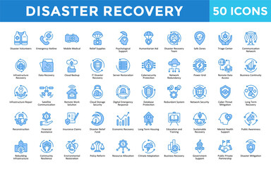 Disaster Recovery icons set with disaster volunteers, emergency hotline, mobile medical, relief supplies, psychological support, humanitarian aid icon. Simple retro vector 
