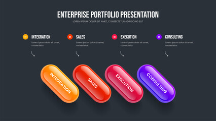 Digital Report 4 Element Infographic Presentation Template. Sales Solution Four Step Diagram Slide Design. Corporate Portfolio Frame Layout Vector Illustration.