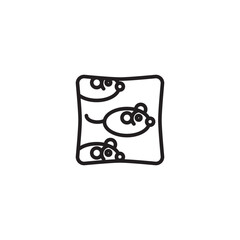 A simple line art icon of a square pet toy box with three mouse toys inside.