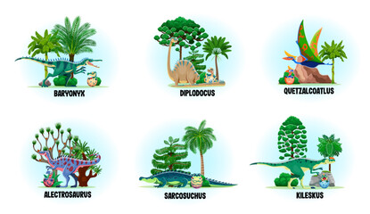 Cartoon prehistoric mother dinosaur with dino eggs and babies. Funny dinosaur animal and reptile vector personages of diplodocus, sarcosuchus, baryonyx and alectrosaurus with cute little baby dinos © Vector Tradition