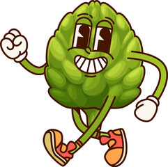 Cartoon groovy artichoke vegetable character. Isolated vector healthy food retro personage with expressive eyes, wearing vintage sneakers, and striking a playful pose with its finger pointing upward