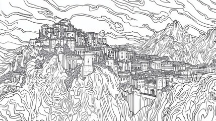 Obraz premium Village nestled in mountainous terrain depicted in a high contrast monochrome linework composition evoking classic engraving artistry