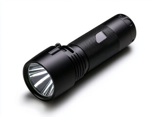 Compact flashlight with LED bulb, isolated on white, emergency tool.
