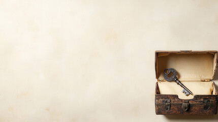 vintage key resting inside antique treasure chest, evoking mystery and adventure
