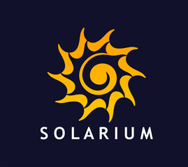 Solarium tan icon, summer beach sun symbol. Vector emblem of solar energy, spa, warmth and vitality, tanning salons or wellness brands. Yellow sun with radiant rays and swirl pattern in center