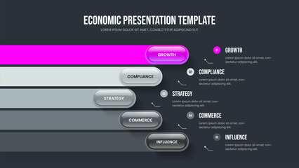 Sales Launch 5 Option Diagram Slide Design. Investor Innovation Presentation Template Vector Illustration. Enterprise Planning Five Step Infographic Slideshow Layout.