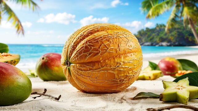 Honeydew Melon and Tropical Fruits on a White Sand Beach Paradis