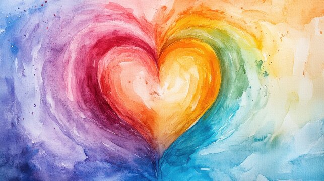 A vibrant watercolor heart radiates rainbow colors, blending beautifully across the canvas in a joyful and artistic design.