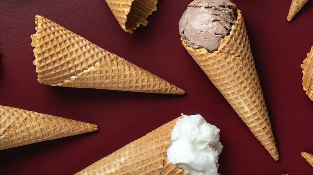 Ice cream and waffle empty ice cream cones on brown background