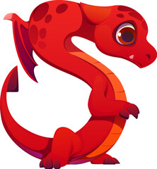 Fantasy red dragon character font letter S. Fairy animal character kids ABC letter, cartoon vector English alphabet type symbol. Fantasy monster typeset element or Asian dragon personage font sign