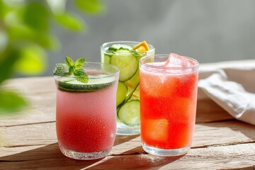 Refreshing summer drinks with mint, cucumber, and watermelon on wooden table