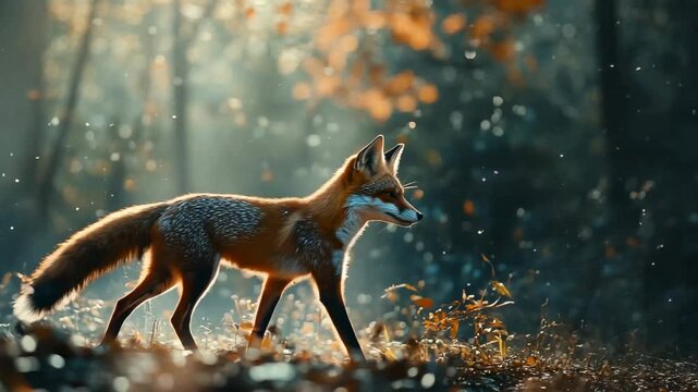 A fox is walking through the woods, with leaves falling around it. The image has a peaceful and serene mood, as the fox is the only living creature in the scene