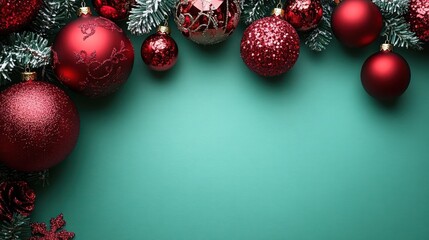 Christmas ornaments in rich red and teal background.  Various sizes and styles of baubles, along with pine branches, frame a blank teal space