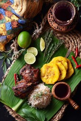 Grilled meat, plantains, rice, and citrus arrangement on banana leaf with traditional drink