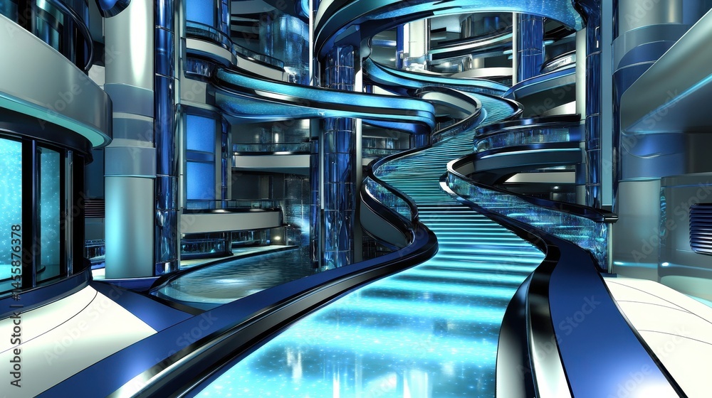 Poster abstract futuristic interior digital spaceship design with intricate metallic structures and sleek r
