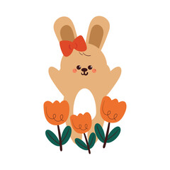 cute drawing bunny wearing red bow and cartoon tulip flowers. cute animal doodle for sticker, icon